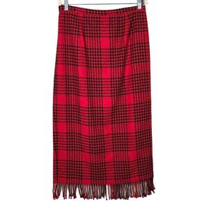 Vintage Red & Black Plaid Wool Blend Maxi Skirt Fringe Hem Preppy Librarian Offi